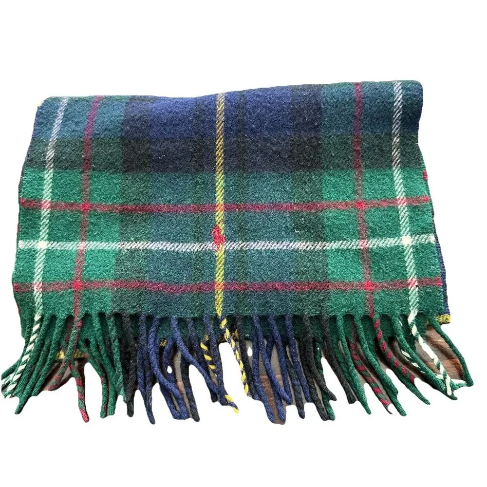 Vintage Ralph Lauren Lambswool Plaid Fringe Scarf Made In Scotland Tartan